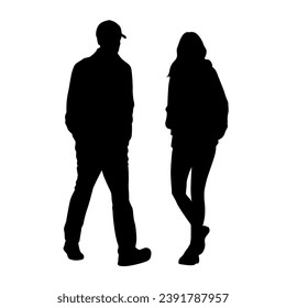 Man and woman walking forward, couple walking isolated vector silhouette, front view