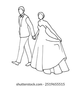 man and woman walking hand in hand together - hand drawn doodle. formally dressed heterosexual couple