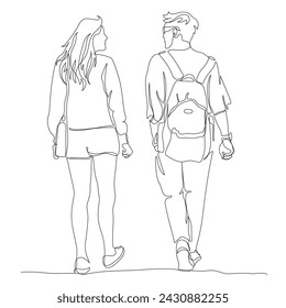 Man and woman walking and looking at each other. Man with backpack and in glasses. Tourism season. Continuous line drawing. Hand drawn black and white vector in line art style.