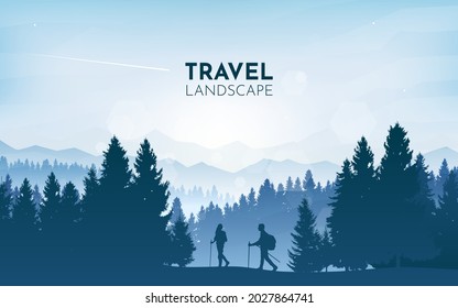 Man and woman walking in mountains forest. Travel concept of discovering, exploring, observing nature. Hiking tourism. Adventure. Minimalist graphic flyer. Polygonal flat design. Vector illustration