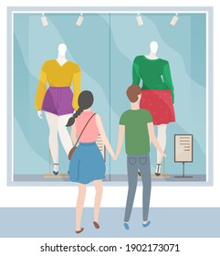 Man and woman walking on the street of city. Couple enjoying time together and looking at store window. Cartoon characters choose clothes on mannequins. People in relationship on a walk near the store