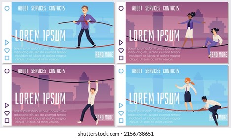 Man, woman walking on tightrope, rope, set horizontal home page, vector flat illustrations. A person walks on a rope, maintaining balance. A businessman goes to success despite the risks and stress.