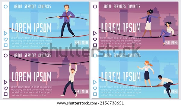 Man, woman walking on tightrope, rope, set
horizontal home page, vector flat illustrations. A person walks on
a rope, maintaining balance. A businessman goes to success despite
the risks and stress.
