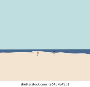 Man and woman walking on the tropical beach. Activity recreation outdoor in nature. Minimal art design.