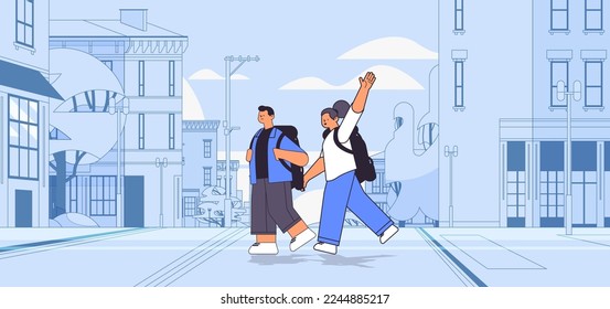 man woman walking on urban town street young couple spending time together outdoors cityscape background