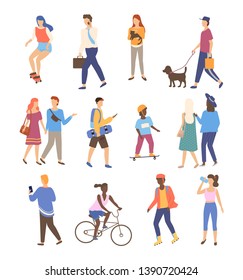 Man and woman walking outdoor set, portrait view of people character going or driving by bicycle and skateboard, walk in park friends together, sporty human vector