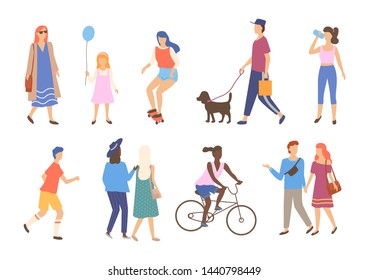 Man and woman walking outdoor set, portrait view of people character going or driving by bicycle and skateboard, friends together walk in park, sporty human vector