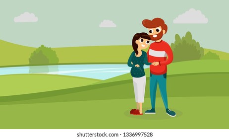 Man and woman walking in the park flat style vector illustration. Wife and husband hugging