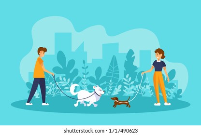 Man and woman walking in a park, holding their dogs on leashes and looking at each other. Vector illustration with human and pet characters in cartoon style.