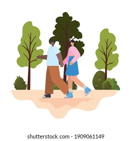 man and woman walking in the park vector illustration design