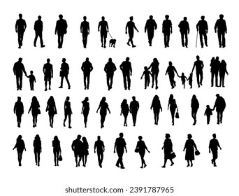 Man woman walking, people walking on street silhouette, silhouettes of moving people crowd on street