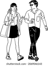 Man and woman walking People shopping city lifestyle Hand drawn Line art Illustration