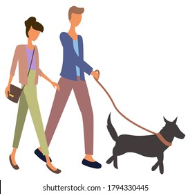 Man and woman walking with pet at marketplace isolated on white. Vector happy couple and dog on leash, choosing animal puppy on market, male and female