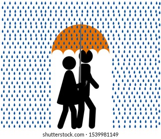 Man and woman walking in the rain with umbrella