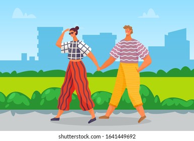 Man and woman walking in summer heat, couple holding hands and walks in park near city vector. Girl and guy on date on nature, boyfriend and girlfriend in love. Dating, lovers going out illustration