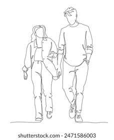 Mann und Frau gehen und reden. Fortlaufende Linienzeichnung. Schwarz-Weiß-Vektorillustration im Linienart-Stil.