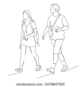 Man and woman walking and talking. Holding mobile phones. Continuous line drawing. Black and white vector illustration in line art style.