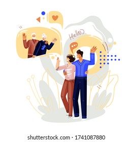 Man and woman walking and talking on online video conference with family, grand seniors. Vector flat concept of online communication and virtual family meeting. Smartphone online chat illustration
