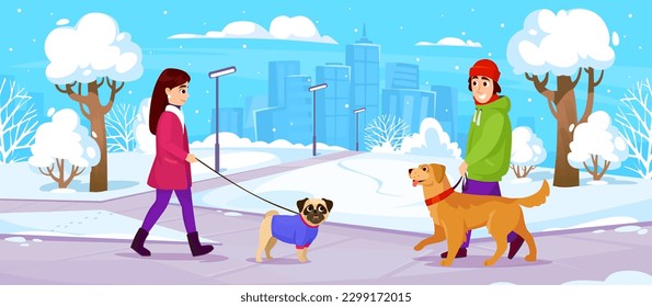 A man and a woman are walking their dogs in a winter park in the snow. Cartoon character with a cute pet pug and retriever on a leash in cold weather outdoors. Vector illustration