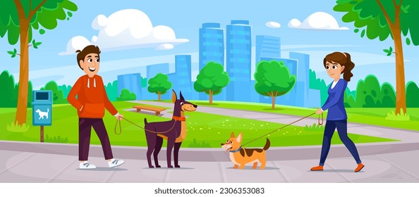 A man and a woman walking their dogs in a park in the summer meet. A pet owner leads a cute puppy on a leash outdoors. Landscape view of a dog friendly park. Cartoon vector illustration.