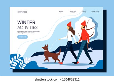 Man and woman walking this dog in the park. Landing page template. Winter vector illustration in flat style. The concept of active rest in the fresh air.