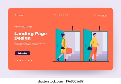 Man and woman walking through doorways for males and females. Public toilet, restroom flat vector illustration. Washroom, segregation concept for banner, website design or landing web page