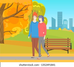 Man and woman walking together in autumn park on backdrop of buildings. Vector male and female in sweaters near wooden bench, people outdoors at fall season