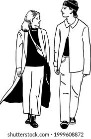Man and woman walking together Friendship lifestyle Hand drawn Line art Illustration