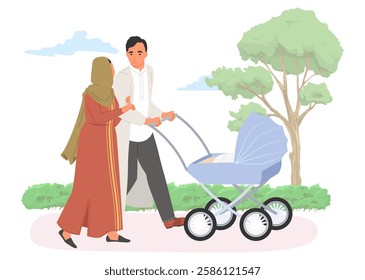 A man and a woman are walking together in a park, pushing a baby stroller. The woman is wearing a headscarf and a long dress while enjoying the pleasant weather and greenery around