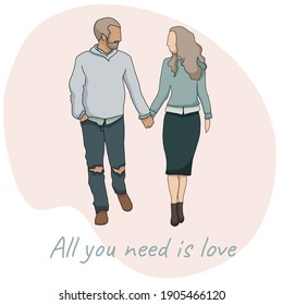 Man and woman walking together postcard