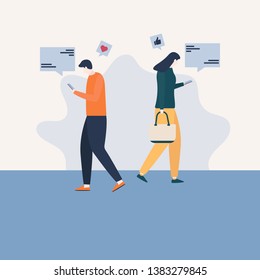 man and woman walking and using smartphone, social network concept, chat concept, people using smartphone concept, flat vector illustration character.