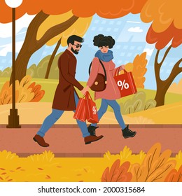 A man and a woman walks holding shopping bags in autumn weather. Fall seasonal discounts. Flat vector illustration