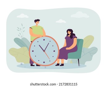Man and woman with wall clock flat vector illustration. Countdown, family, togetherness, deadline, schedule, measurement concept for banner, website design or landing web page