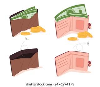 Carteras de hombre y mujer con dinero en efectivo y vacías. Accesorios de cuero para guardar efectivo y tarjetas de crédito. Carteras elegantes. Ilustración vectorial