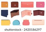 Man and woman wallets. Leather accessories for storing cash and credit cards. Stylish wallets. Vector illustration