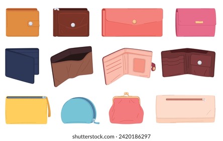 Carteras de hombre y mujer. Accesorios de cuero para el almacenamiento de efectivo y tarjetas de crédito. Carteras elegantes. Ilustración del vector