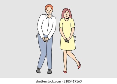 Man And Woman Want To Pee. Couple Suffer From Urinary Infection Or Health Problem. Healthcare Concept. Vector Illustration. 