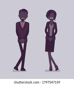 Man, woman wanting to pee, feeling discomfort. People suffering with constant urge, urinary tract infection, overactive bladder, health disorder, needing a wc. Vector creative stylized illustration