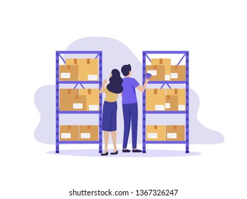 Man and woman in warehouse scanning boxes with scanner. Webstore concept. Workers are checking goods for shop. Modern UI flat illustration.