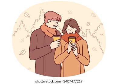 Man and woman in warm clothes walking in autumn weather and drinking hot coffee smiling. Happy boyfriend and girlfriend spend date outdoors relaxing on weekend in city park. Flat vector illustration