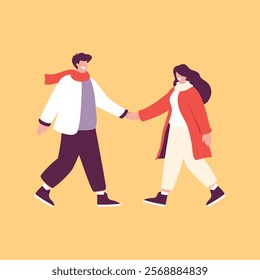 man and woman in warm winter clothes causually walking. Concept of casual cozy winter clothes for man and woman for cold winters. Flat cartoon vector illustration.