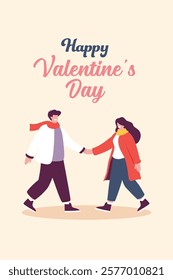 man and woman in warm winter clothes valentines day poster. Flat cartoon vector illustration.