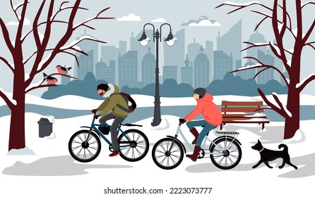 A man and a woman in warm winter coats and hats ride bicycles along a park road.City on the horizon, snow-covered trees, a bench, a dog and birds.Vector flat style illustration.Cozy winter scene.