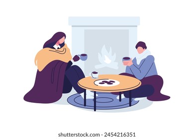 hombre y mujer calentándose frente a la chimenea con una taza de café estilo plano ilustración diseño de Vector