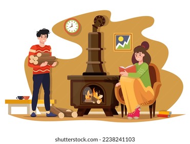 Man and woman warming their home by burning wooden logs in modern stove.  Cold winter evening. Burner. People wearing warm clothes freezing at home in winter. Heating in the room. Flat vector.