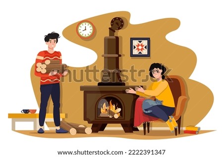 Man and woman warming their home by burning wooden logs in modern stove. People wearing warm clothes freezing at home in winter. Heating in the room. Flat vector illustration.