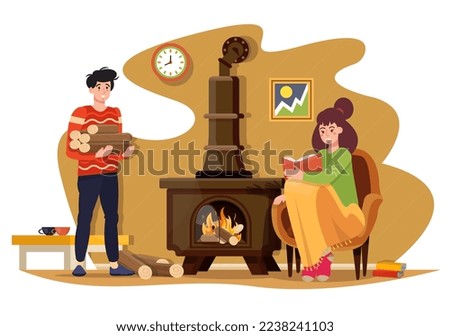 Man and woman warming their home by burning wooden logs in modern stove.  Cold winter evening. Burner. People wearing warm clothes freezing at home in winter. Heating in the room. Flat vector.