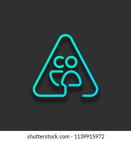 Man and woman in warning triangle. Sign for pedestrians. Linear icon with thin outline. One line style. Colorful logo concept with soft shadow on dark background. Icon color of azure ocean