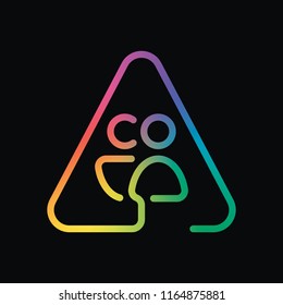 Man and woman in warning triangle. Sign for pedestrians. Linear icon with thin outline. One line style. Rainbow color and dark background