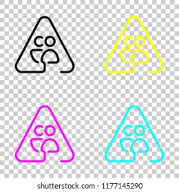 Man and woman in warning triangle. Sign for pedestrians. Linear icon with thin outline. One line style. Colored set of cmyk icons on transparent background